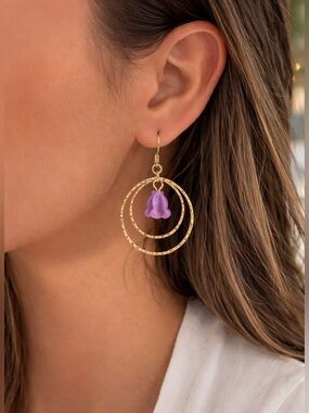 Purple Resin Flower Double Hoop Dangle Earrings Gold Tone Minimalist Boho